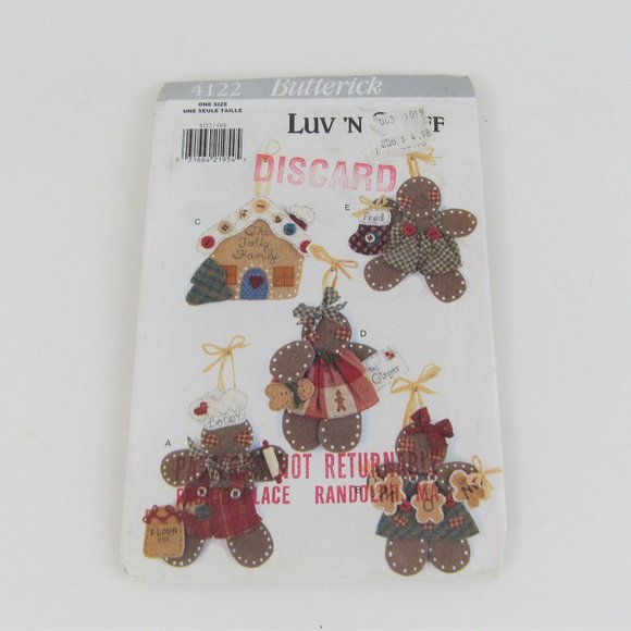 Butterick Luv N Stuff No Sew Gingerbread Ornaments Pattern 4122 Christmas Uncut - Picture 1 of 4